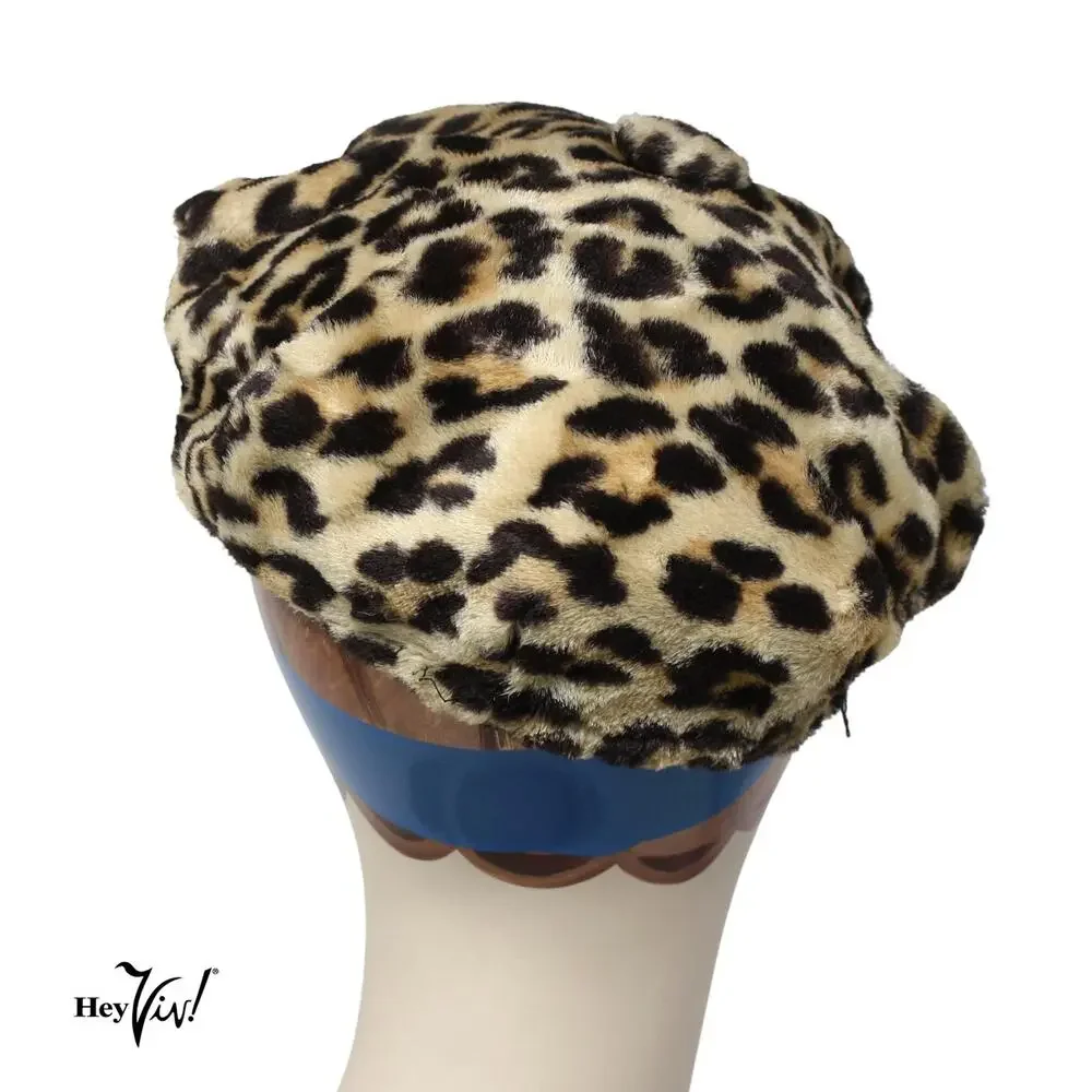 Vintage Faux Leopard Print Beret Hat Animal Print Fake Fur Retro Cap - Hey Viv